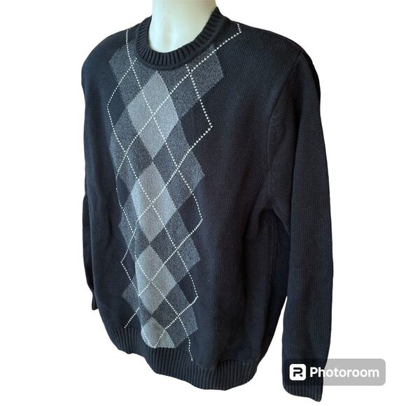 Dockers Knit Crewneck Argyle Sweater Pullover Sweater Black Gray Mens XL Cotton - Picture 4 of 7